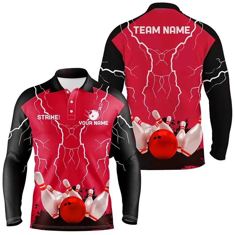 Herren Polo Bowling Shirt | Individuelles Bowling Strike Lightning Storm Thunder Team Liga Trikot | Rot Q6646 - Climcat