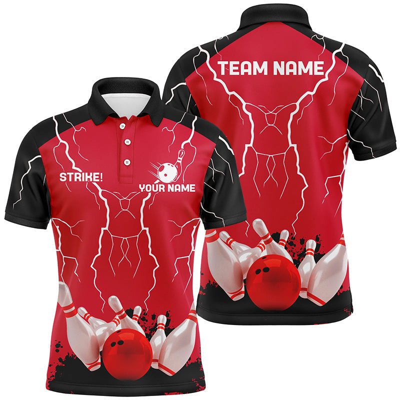 Herren Polo Bowling Shirt | Individuelles Bowling Strike Lightning Storm Thunder Team Liga Trikot | Rot Q6646 - Climcat