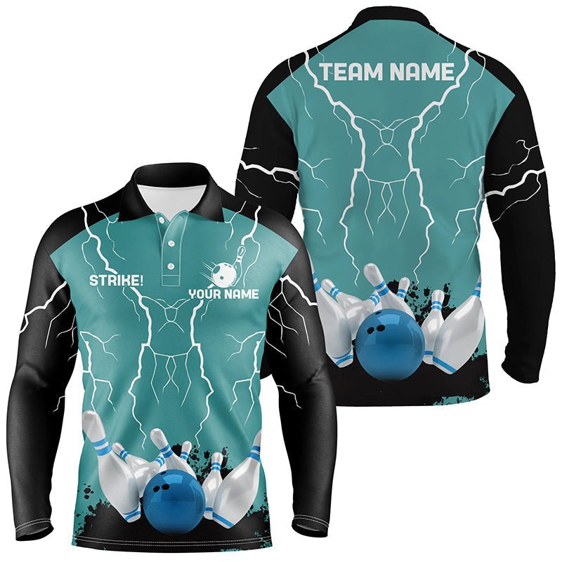 Herren Polo Bowling Shirt | Individuelles Bowling Strike Lightning Storm Thunder Team Liga Trikot | Türkis Q6342 - Climcat