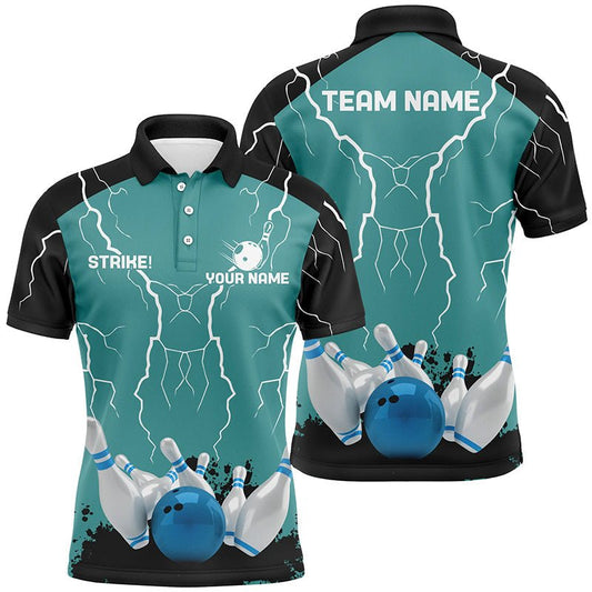 Herren Polo Bowling Shirt | Individuelles Bowling Strike Lightning Storm Thunder Team Liga Trikot | Türkis Q6342 - Climcat