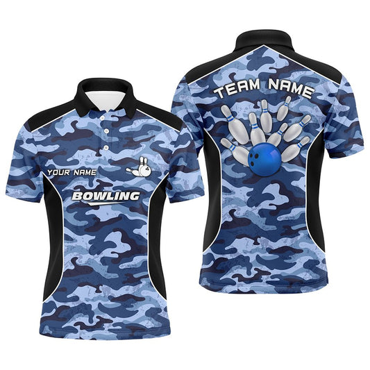 Herren Polo Bowling Shirt - Individuelles Bowlingball und Pins Blau Camo Bowling Team Trikot für Männer Q6361 - Climcat