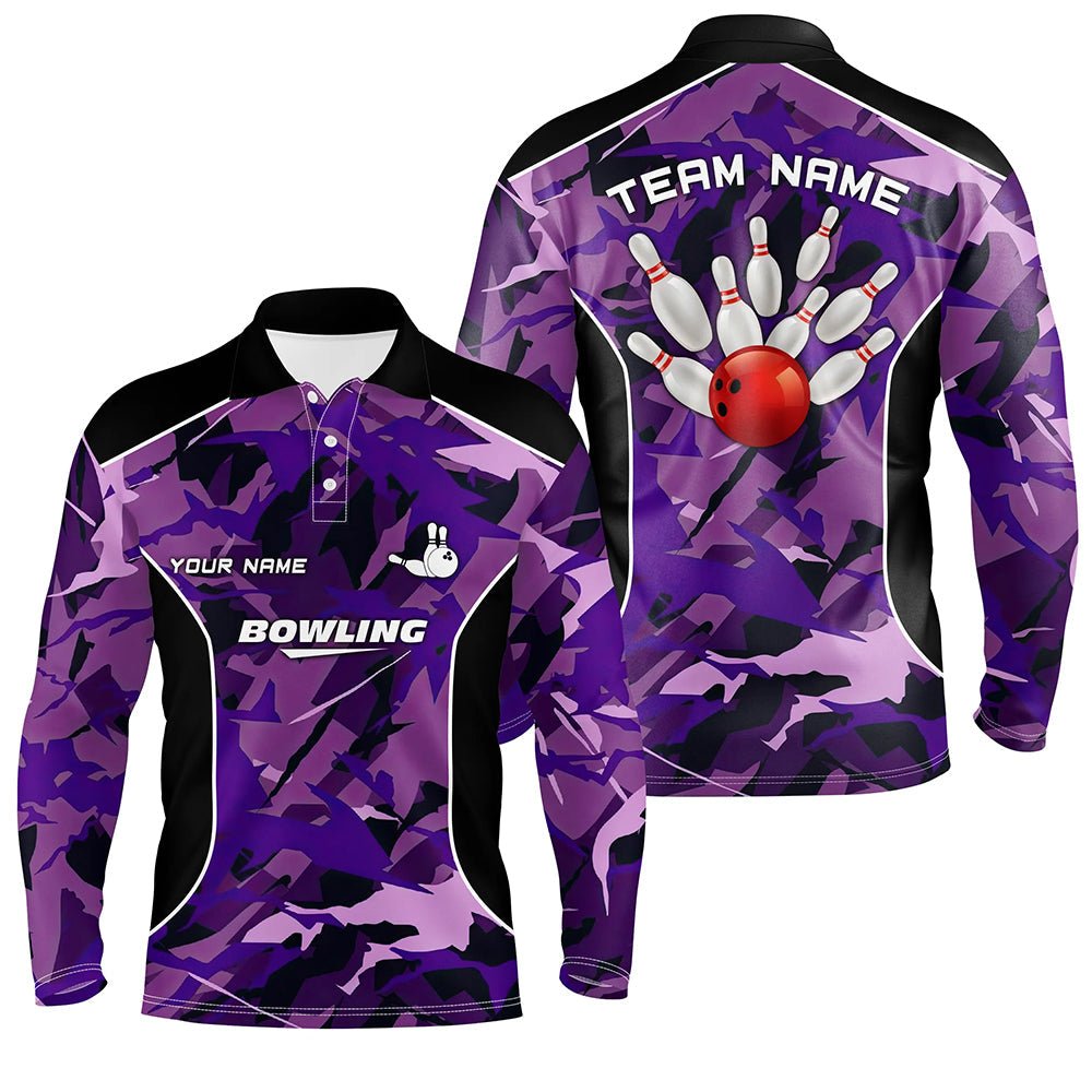 Herren Polo Bowling Shirt - Individuelles Bowlingball und Pins Lila Camo Bowling Team Trikot für Männer Q6488 - Climcat