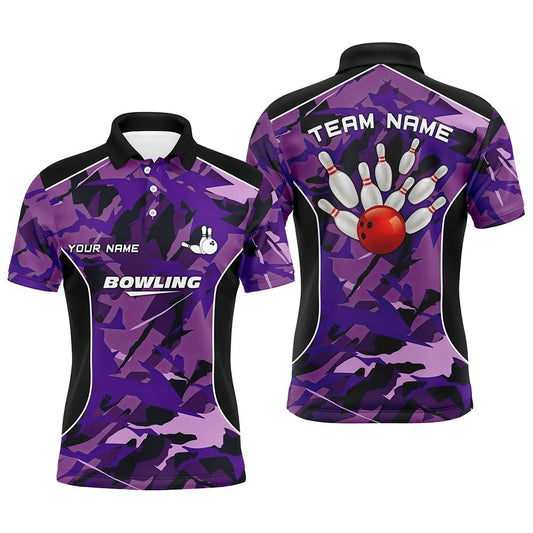 Herren Polo Bowling Shirt - Individuelles Bowlingball und Pins Lila Camo Bowling Team Trikot für Männer Q6488 - Climcat