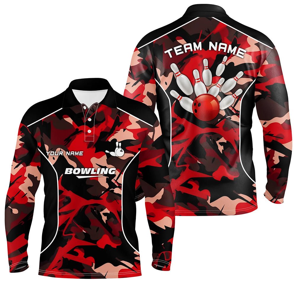 Herren Polo Bowling Shirt - Individuelles Bowlingball und Pins Rot Camo Bowling Team Trikot für Männer Q6487 - Climcat