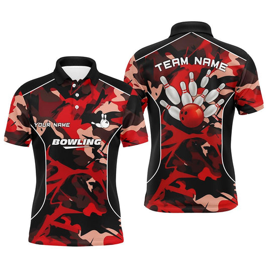 Herren Polo Bowling Shirt - Individuelles Bowlingball und Pins Rot Camo Bowling Team Trikot für Männer Q6487 - Climcat