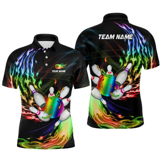 Herren Polo Bowling Shirt - Personalisiertes Regenbogenflammen Bowlingkugel und Pins Team Liga Bowler Trikot Q6807 - Climcat