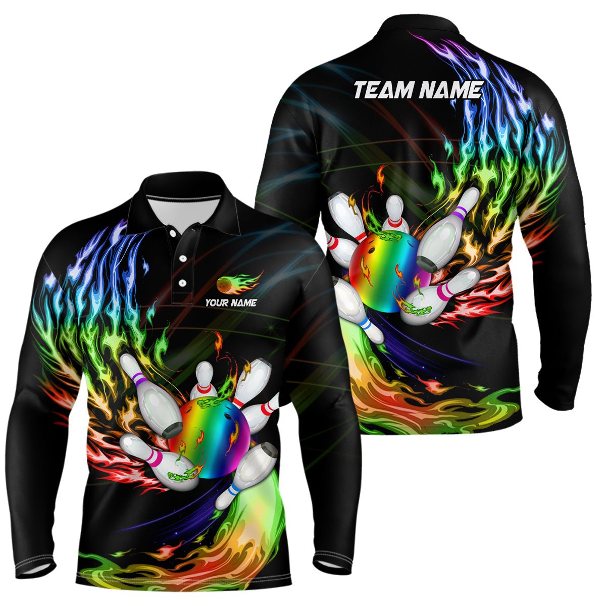 Herren Polo Bowling Shirt - Personalisiertes Regenbogenflammen Bowlingkugel und Pins Team Liga Bowler Trikot Q6807 - Climcat