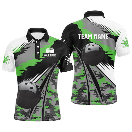 Herren Polo Bowling Shirt - Personalisiertes Schwarzes Ball Grün Camo Bowling Team Trikot, Geschenk für Bowler Q5422 - Climcat