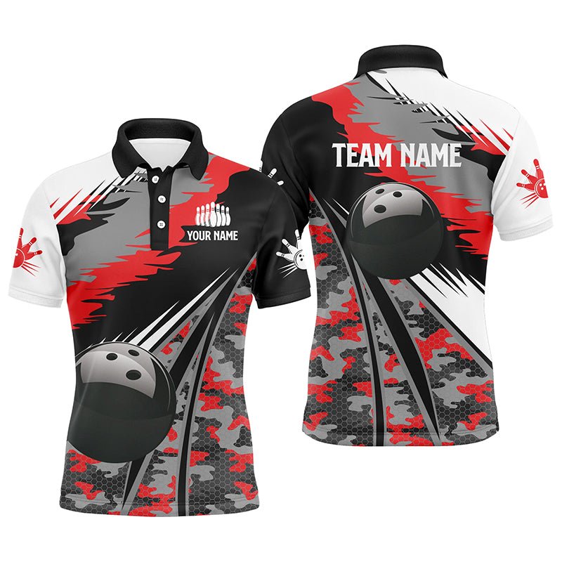 Herren Polo Bowling Shirt - Personalisiertes Schwarzes Ball Rot Camo Bowling Team Trikot, Geschenk für Bowler Q6571 - Climcat