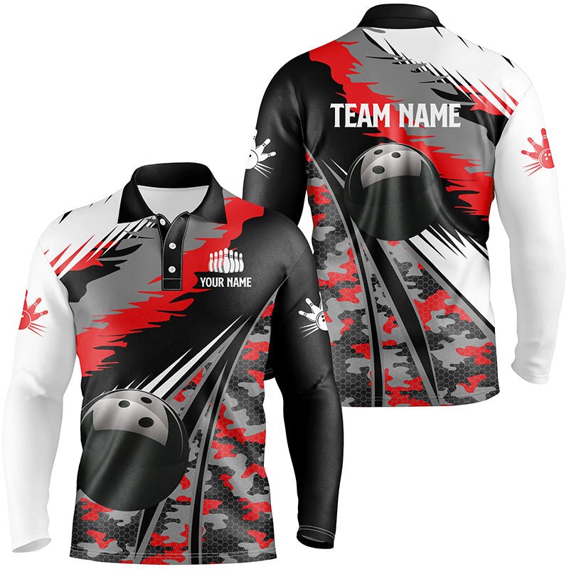 Herren Polo Bowling Shirt - Personalisiertes Schwarzes Ball Rot Camo Bowling Team Trikot, Geschenk für Bowler Q6571 - Climcat