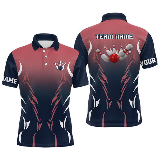 Herren Polo Bowling Shirts - Individuelle Retro Bowling Team Shirts in Navy und Rot, Personalisierte Bowling Trikots Q6228 - Climcat