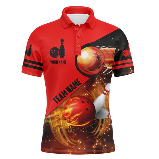 Herren Polo-Shirt individuell gestaltet - Rote Flammen Bowling Shirts für Männer, Bowling Team Polo Shirts mit flammendem Bowlingball P3805 - Climcat