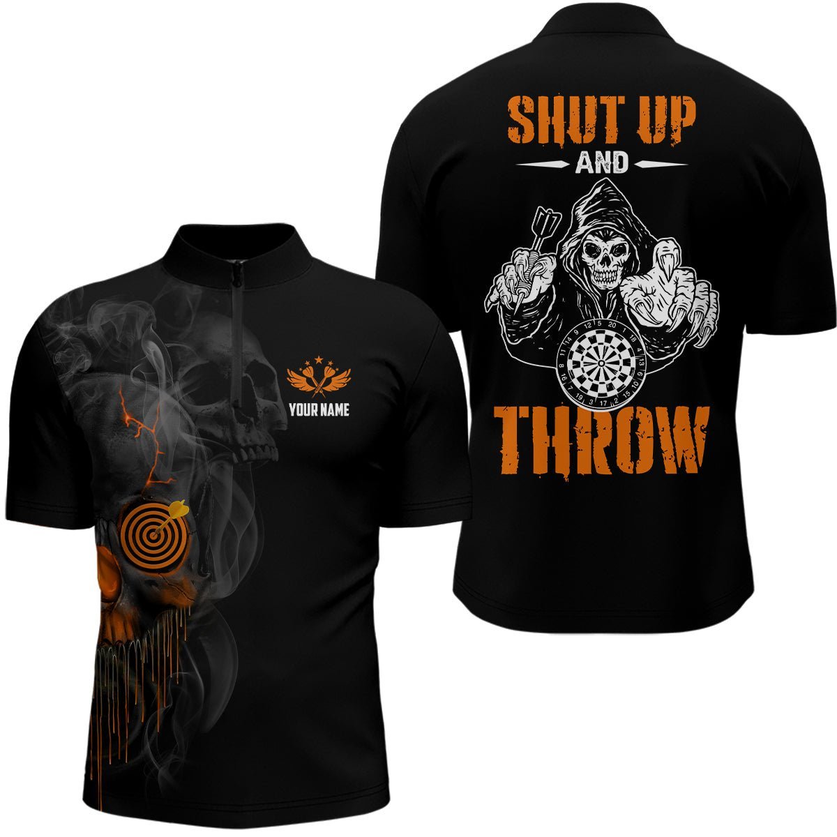 Herren Skull Darts 1/4 Zip Shirt Halloween Orange Dartshirt für Männer Dart Trikots Y415 - Climcat