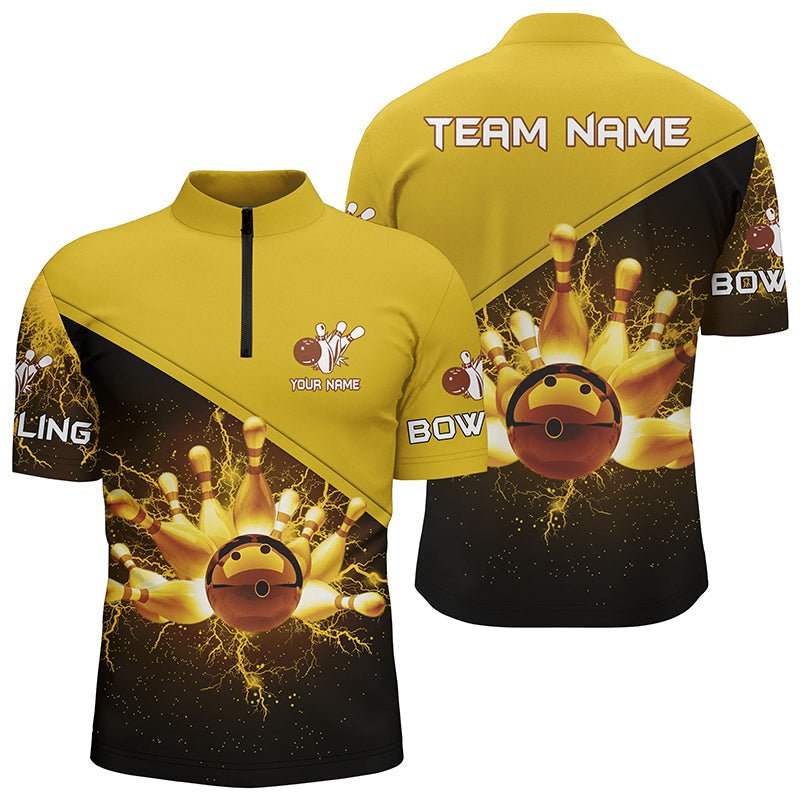 Herren Viertel-Zip-Shirts, individuell gestaltet mit goldener Blitz- und Donner-Motiv, Bowling-Team-Trikot, Geschenk für Team-Bowler Q6383 - Climcat
