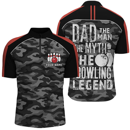 Herren Viertel-Zip-Shirts individuell gestaltetes schwarzes Camouflage-Bowling-Team-Trikot Vater die Legende der Bowling-Legende Q5636 - Climcat