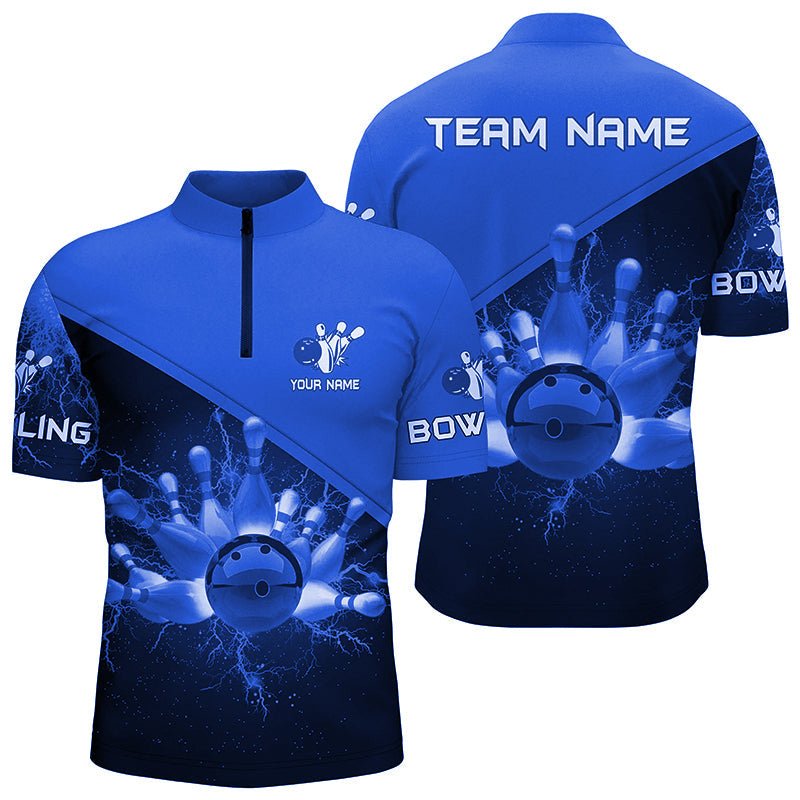 Herren Viertel-Zip-Shirts Individuelles Bowling-Team-Trikot mit blauem Blitz und Donner, Geschenk für Team-Bowler Q6620 - Climcat