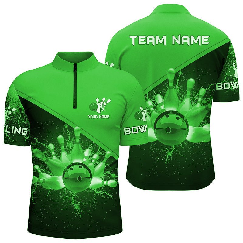 Herren Viertel-Zip-Shirts, individuelles grünes Blitz- und Donner-Bowling-Teamtrikot, Geschenk für Team-Bowler Q6621 - Climcat