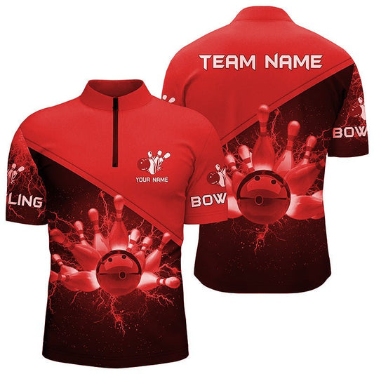 Herren Viertel-Zip-Shirts Individuelles rotes Blitz-Donner-Bowling-Teamtrikot, Geschenk für Team-Bowler Q6622 - Climcat