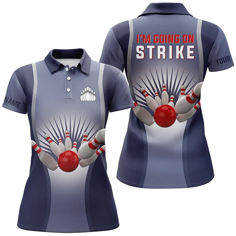 Ich gehe in den Streik Bowling Damen Polo-Shirt, Personalisierte Team Damen Bowling Trikots | Blau Q4667 - Climcat