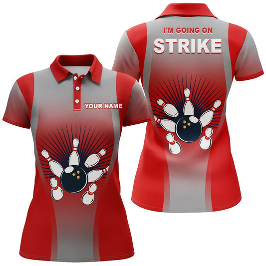 Ich gehe in den Streik Bowling Shirt für Frauen, Personalisiertes rotes Damen-Bowler-Polo-Bowling-Trikot B160 - Climcat