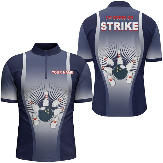 Ich gehe in den Streik Bowling-Shirt für Herren Viertel-Zip Personalisiertes Blaues Herren-Bowler-Team Trikot N15 - Climcat