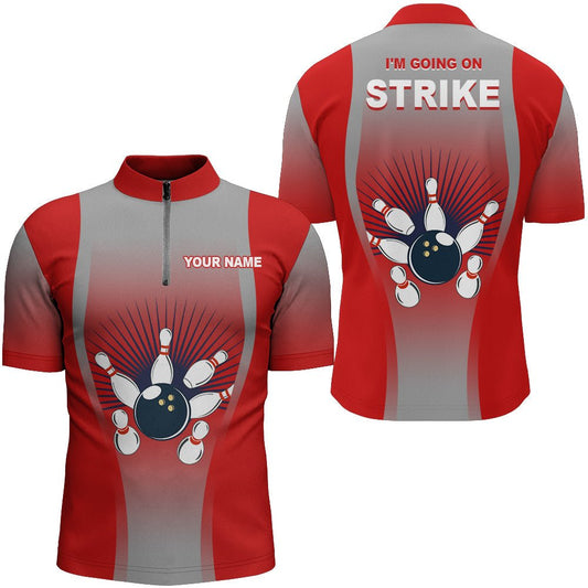 Ich gehe in den Streik Bowling Shirt für Herren, Viertel-Zip Personalisiertes Rotes Herren Bowling Trikot N160 - Climcat