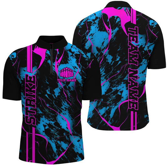 Individuell anpassbare blaue pinke Strike Bowling-Shirts für Herren, 1/4 Zip Camo Bowling-Team-Trikots, Bowling-Liga - Climcat