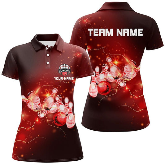 Individuell anpassbare Damen Bowling Polo Shirts mit roten Blitzen und Donner, Bowling Team Damen Bowler Trikots - Climcat