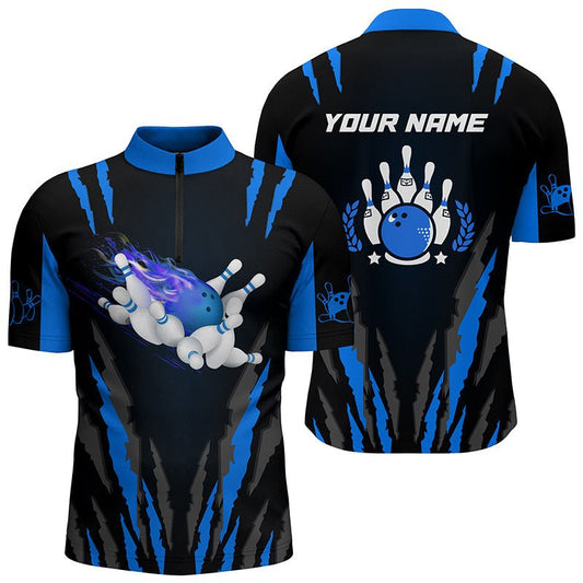 Individuell anpassbare Herren Bowling 1/4 Zip Shirts mit eigenem Namen, Flammen Bowlingkugel und Pins, Bowling Trikots - Blau - Climcat