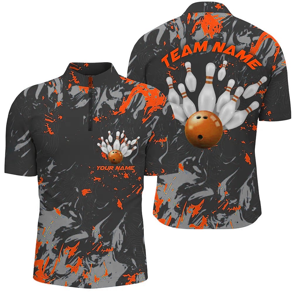 Individuell anpassbare Herren-Quarter-Zip-Shirts für Bowling-Teams in Schwarz und Orange Camouflage, Bowling-Liga-Shirts - Climcat