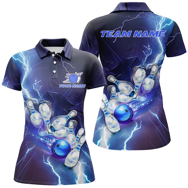 Individuell anpassbares Bowling-Team-Trikot mit blauem Blitz und Donner, Bowling-Shirts für Frauen - Climcat