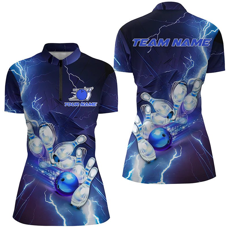 Individuell anpassbares Bowling-Team-Trikot mit blauem Blitz und Donner, Bowling-Shirts für Frauen - Climcat