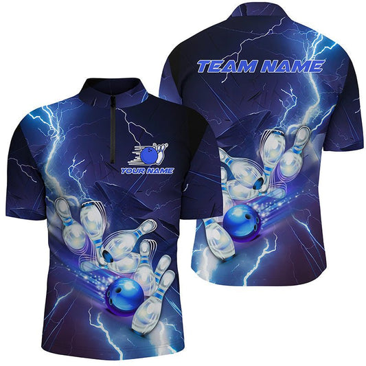 Individuell anpassbares Bowling-Team-Trikot mit blauem Blitz und Donner, Bowling-Shirts für Herren - Climcat