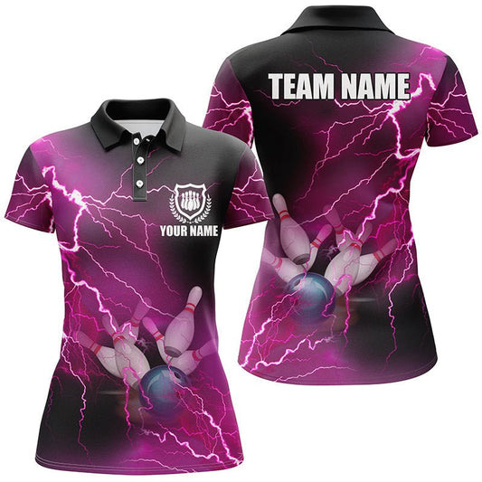 Individuell anpassbares Damen Bowling Polo Shirt mit pinkem Blitz und Donner Bowling Team Trikot, Geschenk für das Team der Bowlerinnen - Climcat