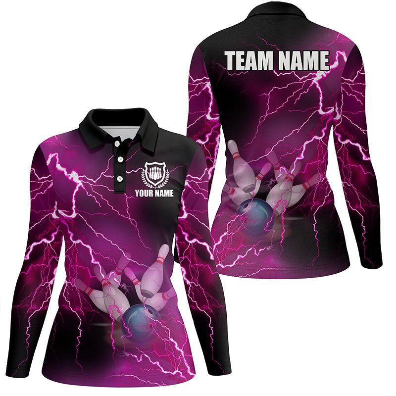 Individuell anpassbares Damen Bowling Polo Shirt mit pinkem Blitz und Donner Bowling Team Trikot, Geschenk für das Team der Bowlerinnen - Climcat