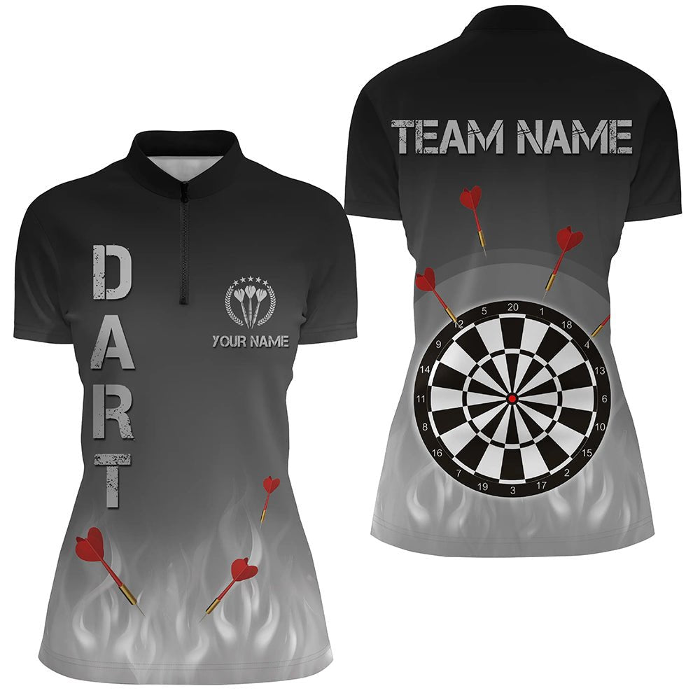 Individuell anpassbares Damen-Darts-Quarter-Zip-Shirt mit Gradientenmuster in Schwarz, Grau und Feuerflammen - Coole Darts-Jersey W688 - Climcat