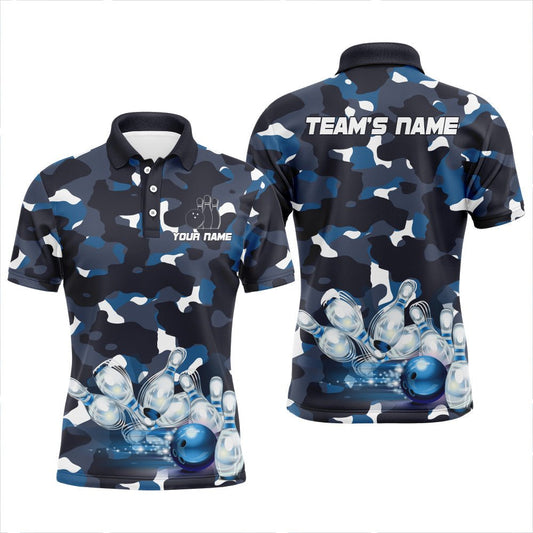 Individuell anpassbares Herren Bowling Polo Shirt mit blauem Camouflage-Muster, Teamname, kurzen Ärmeln und Bowling Trikot für Männer NBP94-T2N7Y - Climcat