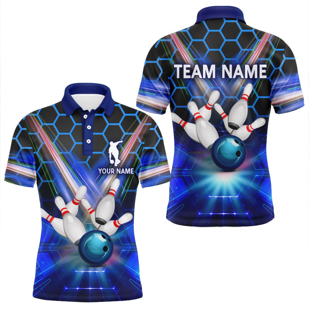 Individuell anpassbares Herren Bowling Polo Shirt mit Namen, 3D Bowling Team Shirt für Männer | Blau - Climcat