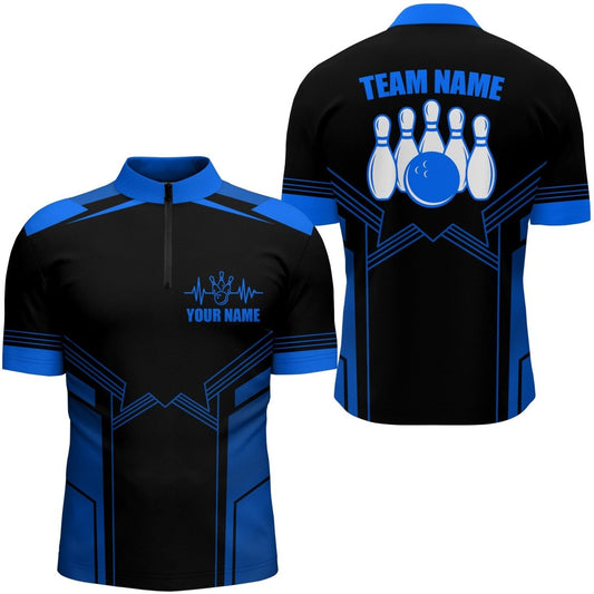 Individuell anpassbares Herren Bowling-Shirt mit 1/4 Zip in Blau, personalisierbarer Name, Bowling-Trikot für Männer, Bowling-Team-Shirt - Climcat