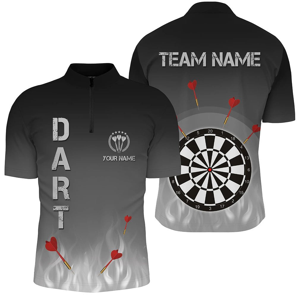 Individuell anpassbares Herren Darts-Quarter-Zip-Shirt mit Gradientenmuster in Schwarz, Grau und Feuerflammen - Coole Darts-Trikot C528 - Climcat