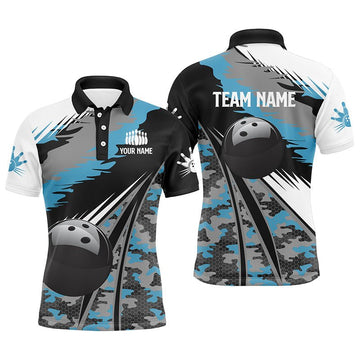 Individuell anpassbares Herren Polo Bowling Shirt in Schwarz mit blauem Tarnmuster, Bowling Team Trikot Geschenk für Bowler - Climcat