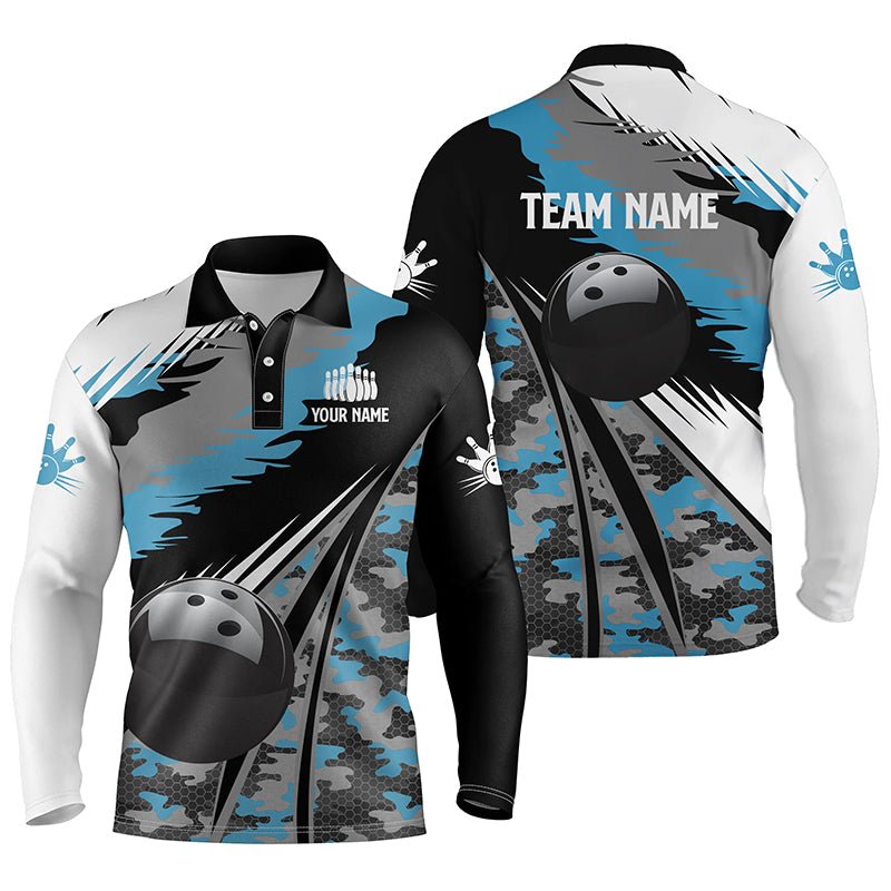 Individuell anpassbares Herren Polo Bowling Shirt in Schwarz mit blauem Tarnmuster, Bowling Team Trikot Geschenk für Bowler - Climcat