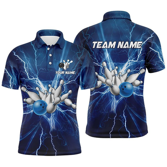 Individuell anpassbares Herren Polo Bowling Shirt mit blauem Blitz und Donner Bowling Team Trikot, Geschenk für das Team der Bowler - Climcat
