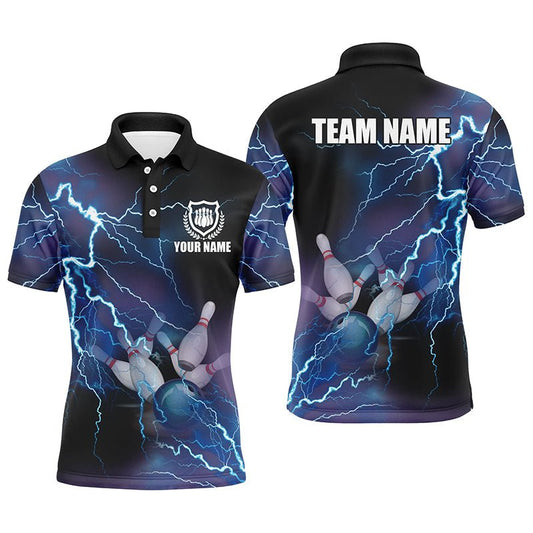 Individuell anpassbares Herren Polo Bowling Shirt mit blauem Blitz und Donner, Bowling Team Trikot Geschenk für Team Bowler - Climcat