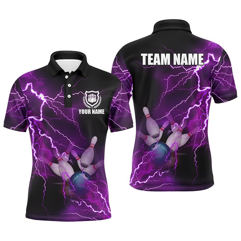 Individuell anpassbares Herren Polo Bowling Shirt mit lila Blitz und Donner Bowling Team Trikot, Geschenk für das Team der Bowler - Climcat