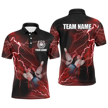 Individuell anpassbares Herren Polo Bowling Shirt mit rotem Blitz und Donner Bowling Team Trikot, Geschenk für das Team der Bowler - Climcat