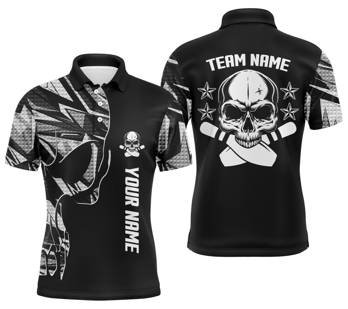 Individuell gestaltete Bowling-Polo-Shirts für Herren mit Namen und Teamnamen Skull Bowling, Team-Bowling-Shirts | Weiß - Climcat