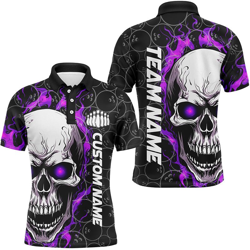 Individuell gestaltete Bowling-Shirts für Herren mit flammendem Totenkopf, Halloween-Bowling-Trikots | Lila - Climcat