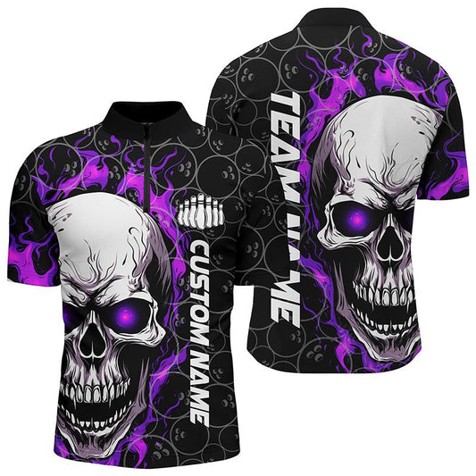 Individuell gestaltete Bowling-Shirts für Herren mit flammendem Totenkopf, Halloween-Bowling-Trikots | Lila - Climcat