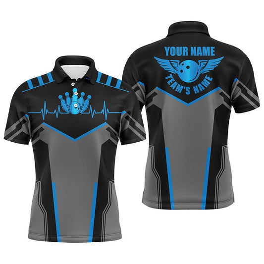 Individuell gestaltete Bowling-Shirts für Herren mit Namen und Teamnamen, blaue Bowlingkugel und Pins, Team-Bowling-Shirts - Climcat